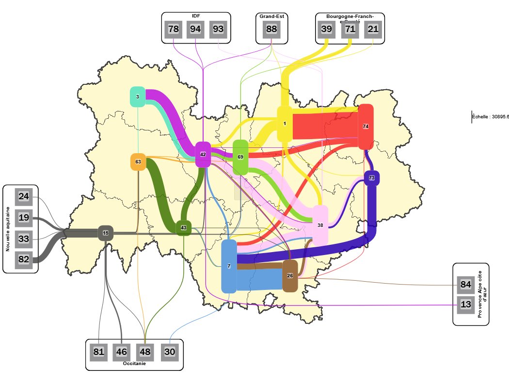 Sankey diagram laid over a regional map: flows between departments, drawn with OpenSankey